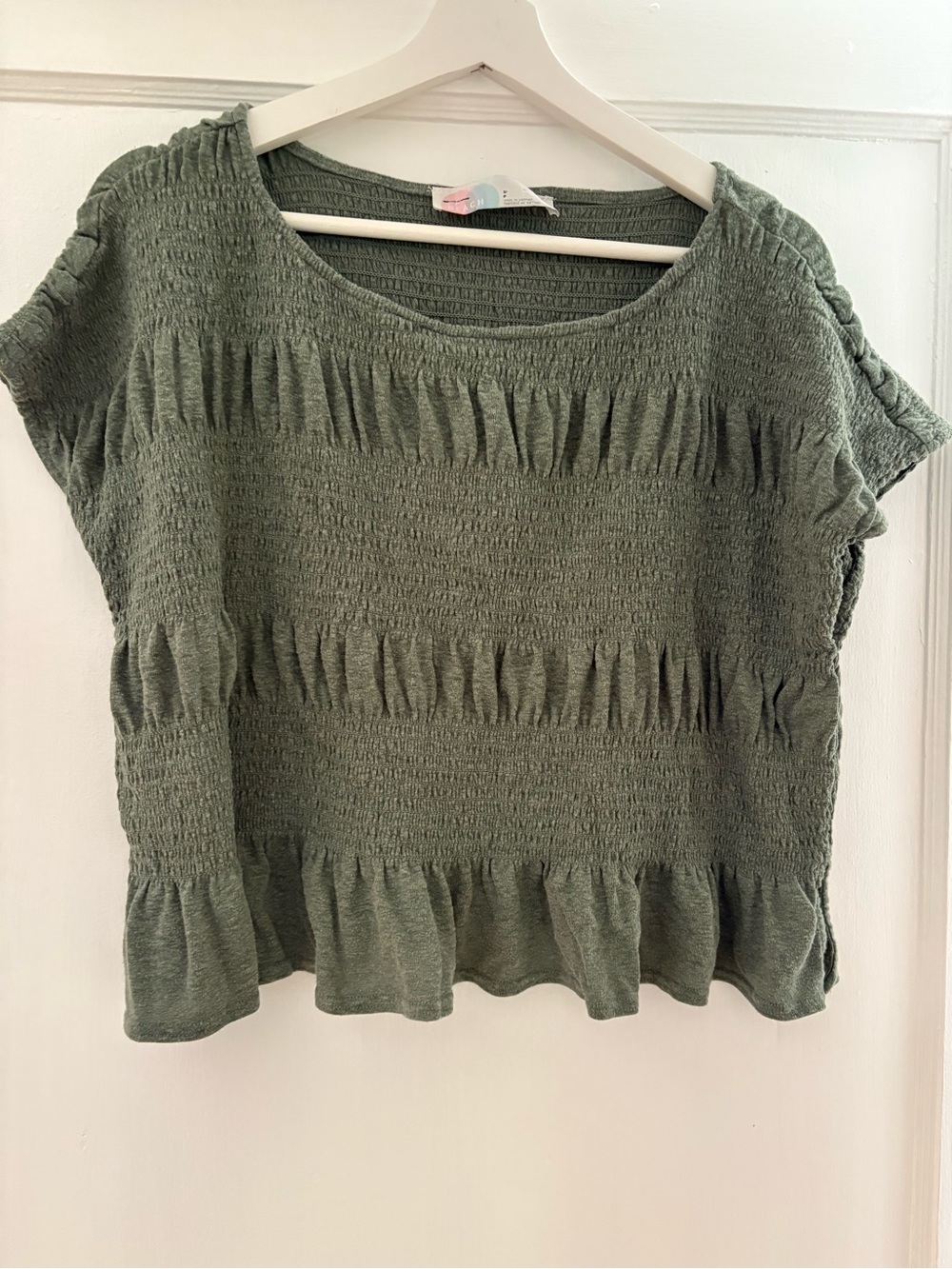 Free People Beach Linen Blend Smocked Peplum Top in Olive Green